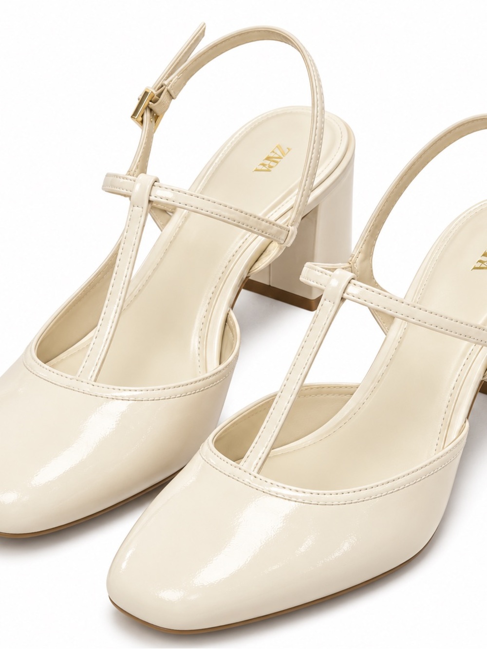 Zara Cream T-Strap Block Heel Pumps 38
